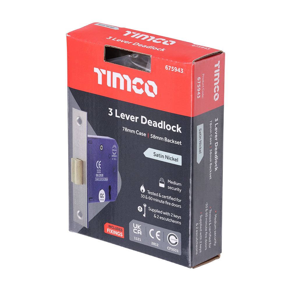 This is an image of Timco - 3 Lever Deadlock - Satin Nickel 78 case / 58 backset (1 Each Box) 675943