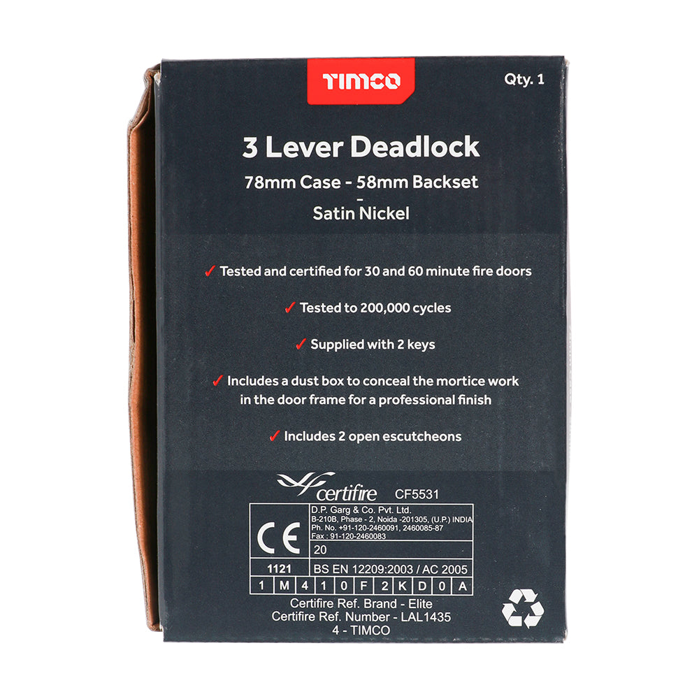 This is an image of Timco - 3 Lever Deadlock - Satin Nickel 78 case / 58 backset (1 Each Box) 675943