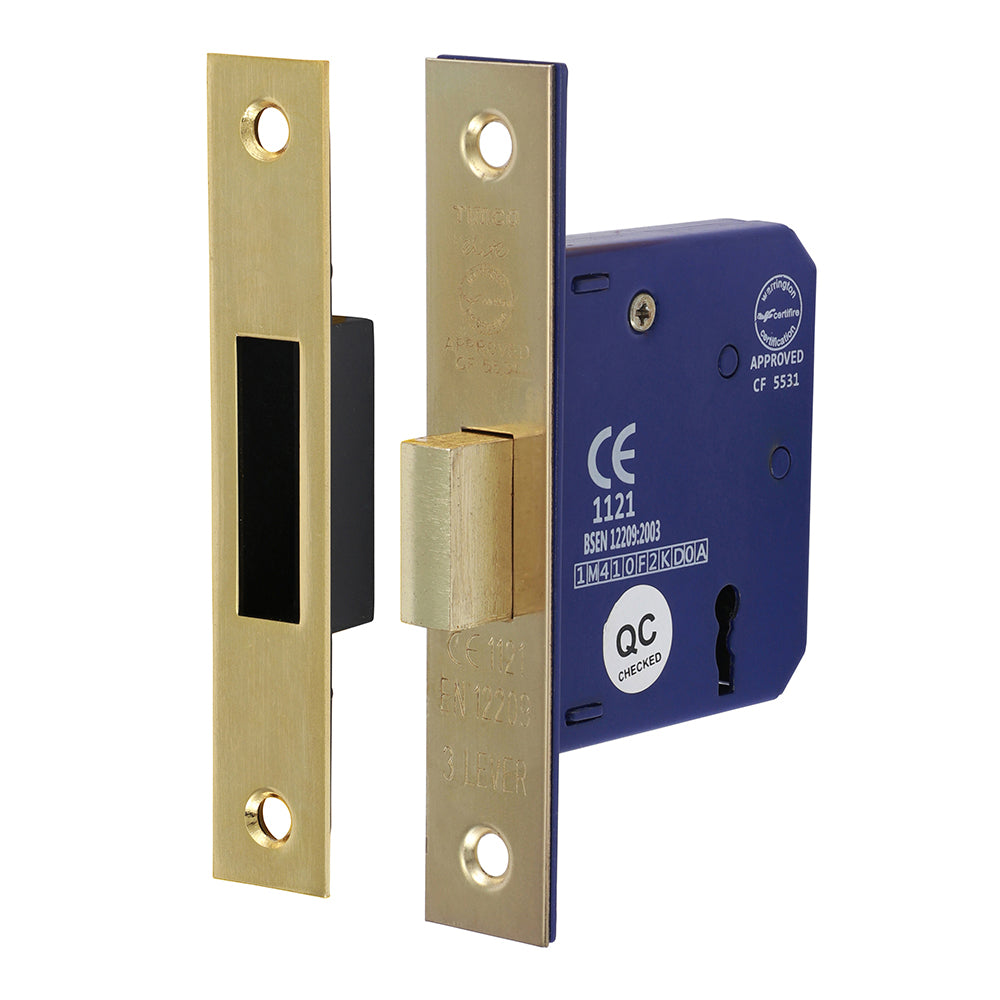 This is an image of Timco - 3 Lever Deadlock - Electro Brass 65 case / 45 backset (1 Each Box) 675951