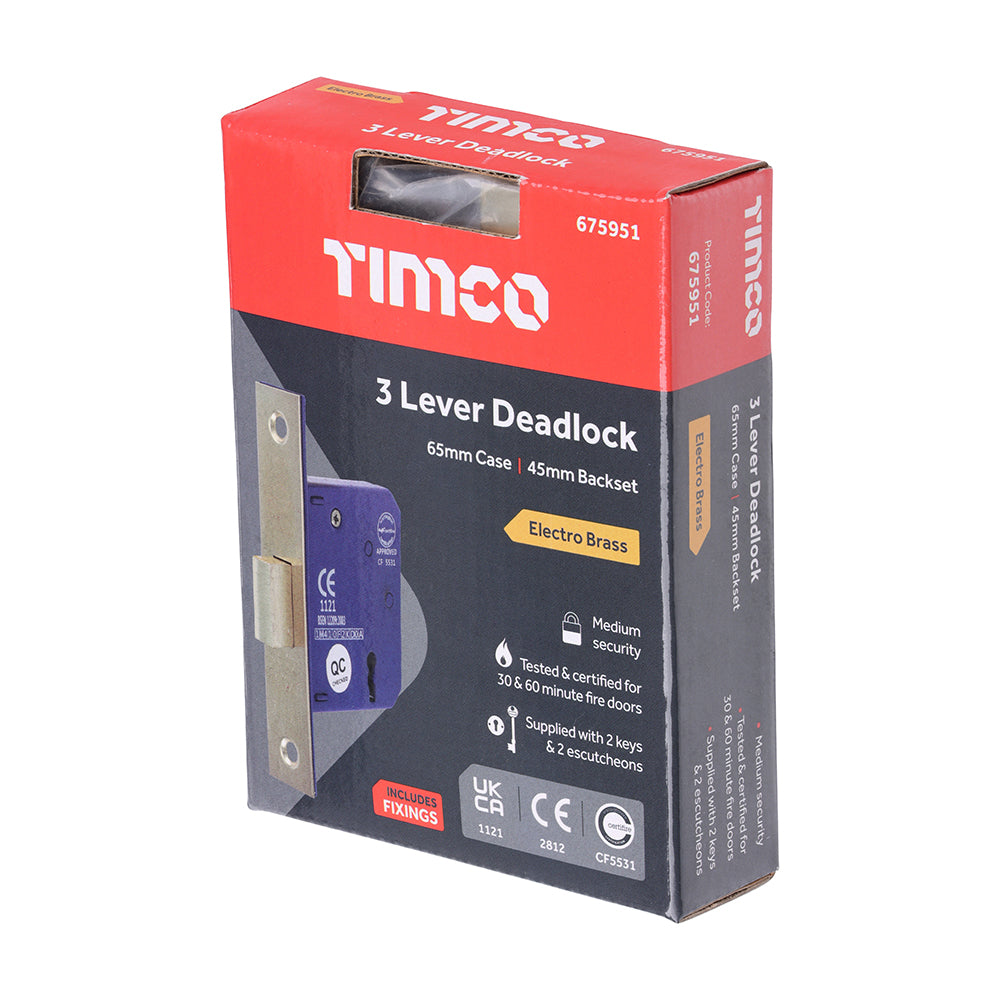 This is an image of Timco - 3 Lever Deadlock - Electro Brass 65 case / 45 backset (1 Each Box) 675951