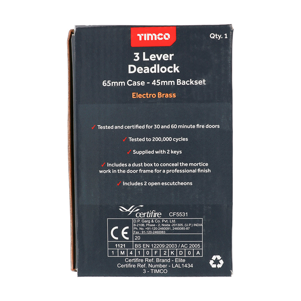 This is an image of Timco - 3 Lever Deadlock - Electro Brass 65 case / 45 backset (1 Each Box) 675951