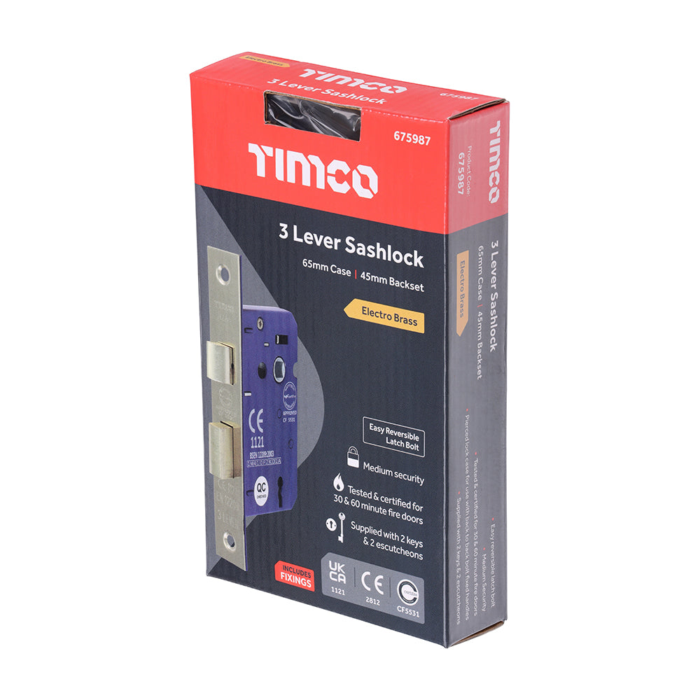 This is an image of Timco - 3 Lever Sashlock - Electro Brass 65 case / 45 backset (1 Each Box) 675987