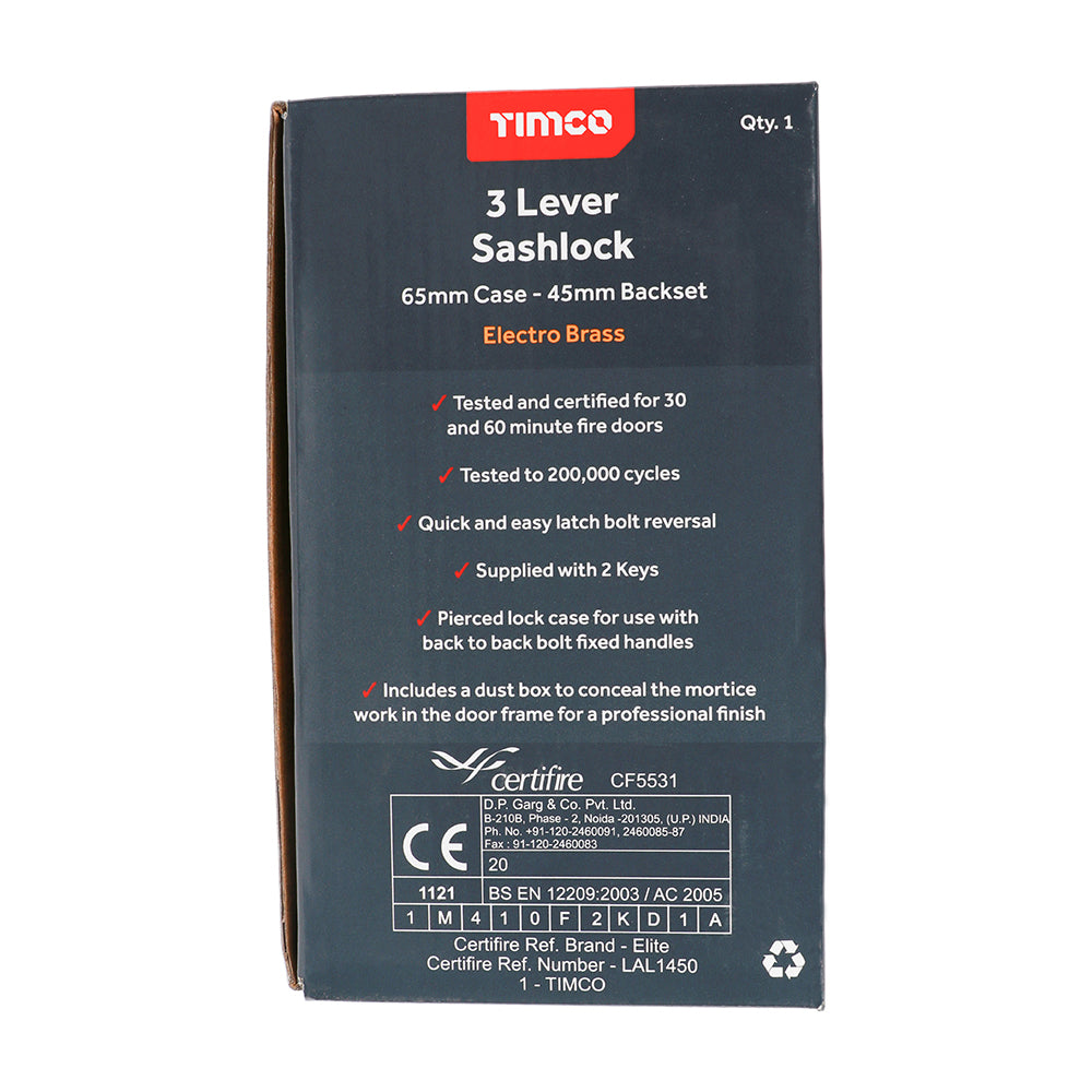 This is an image of Timco - 3 Lever Sashlock - Electro Brass 65 case / 45 backset (1 Each Box) 675987