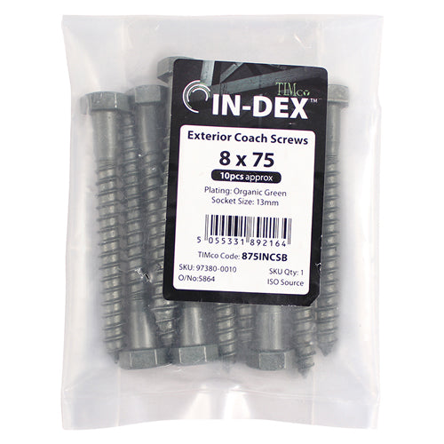 This is an image of Timco - Coach Screws - Hex - Exterior - Green 6.0 x 75mm - (10 PCS Bag) 675INCSB