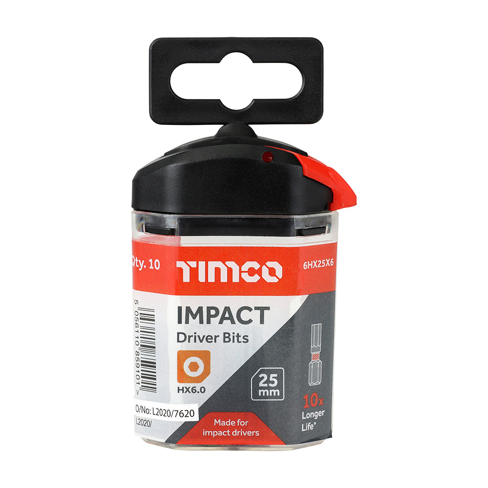 This is an image of Timco - Impact Driver Bits - Hex 6.0 x 25 (10 Pieces Handy Bit Pack) 6HX25X6