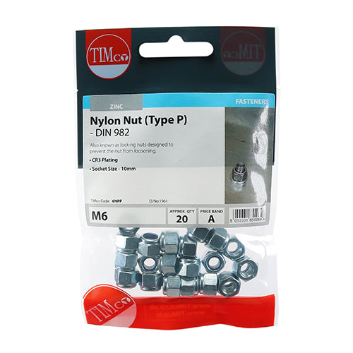 This is an image of Timco - Nylon Nuts - Type P - Zinc M6 - (20 PCS TIMpac) 6NPP