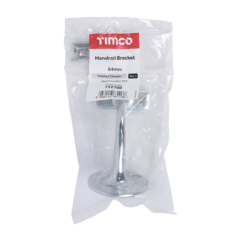This is an image of Timco - Handrail Bracket - Polished Chrome 64mm (1 Each Bag) 712700