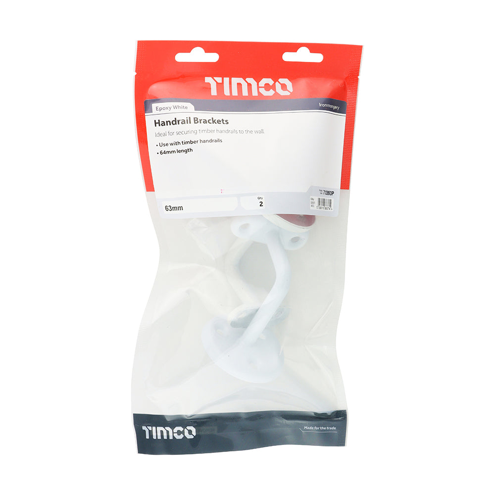 This is an image of Timco - Steel Handrail Brackets - White 63mm (2 Pieces TIMbag) 712893P