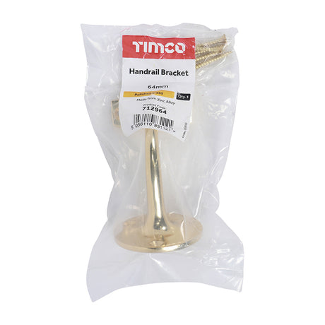 This is an image of Timco - Handrail Bracket - Electro Brass 64mm (1 Each Bag) 712964