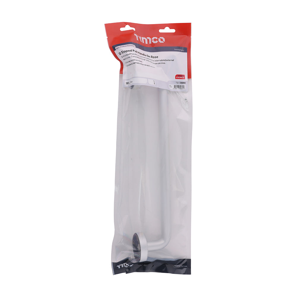 This is an image of Timco - D Shaped Pull Handle On Rose - Satin Anodised Aluminium 305 x 19 (1 Each TIMbag) 725094