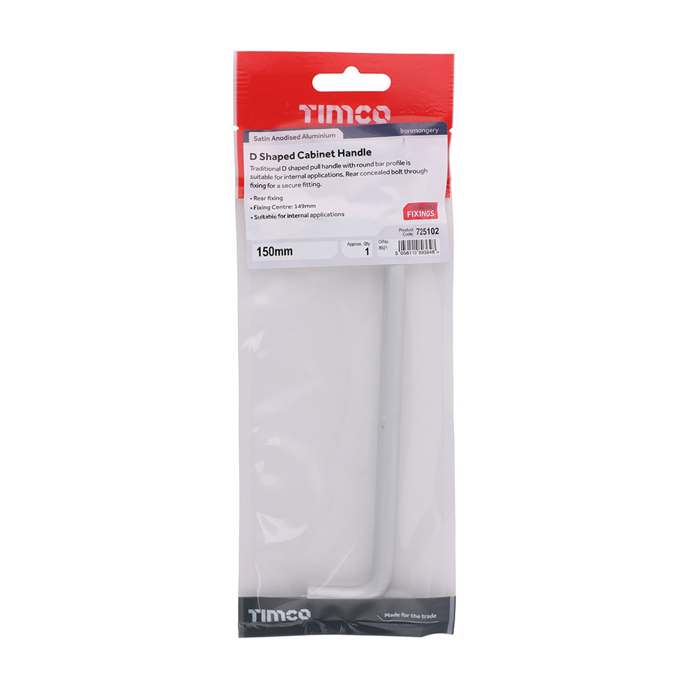 This is an image of Timco - D Shaped Cabinet Handle - Satin Anodised Aluminium 150mm (1 Each TIMpac) 725102