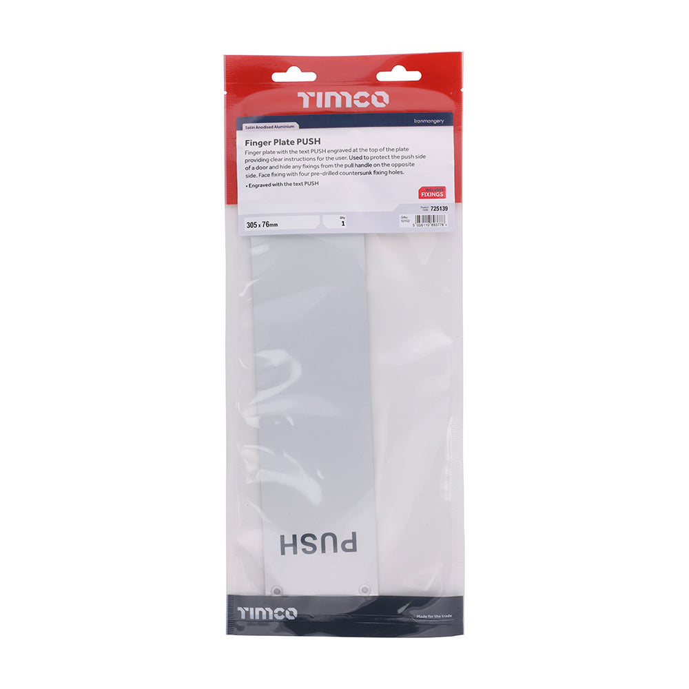 This is an image of Timco - Finger Plate PUSH - Satin Anodised Aluminium 305 x 76 (1 Each TIMbag) 725139