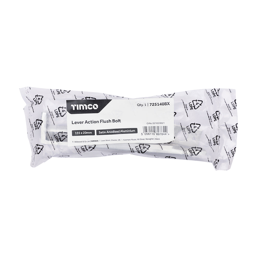 This is an image of Timco - Lever Action Flush Bolt - Satin Anodised Aluminium 155 x 20 (1 Each Bag) 725140BX