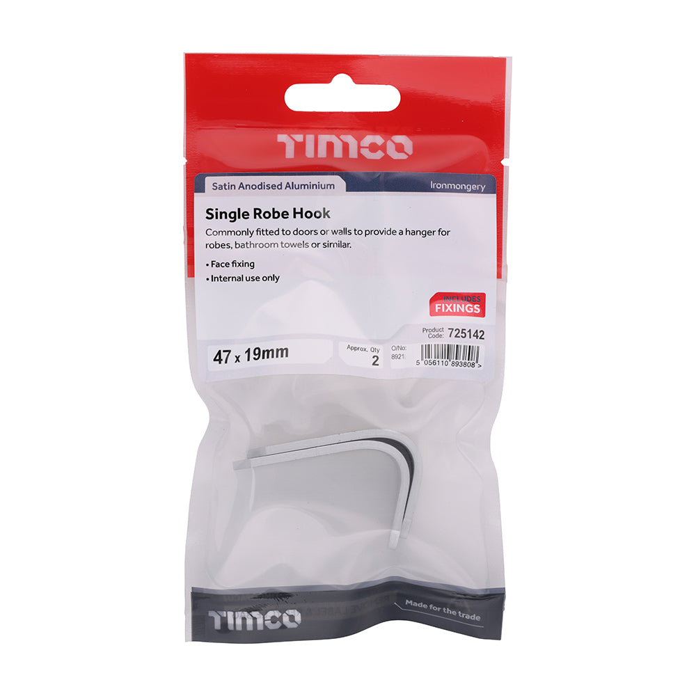 This is an image of Timco - Single Robe Hook - Satin Anodised Aluminium 47 x 19 (2 Pieces TIMpac) 725142