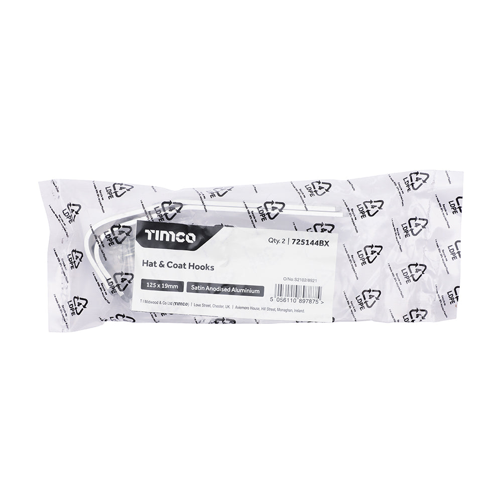 This is an image of Timco - Hat & Coat Hooks - Satin Anodised Aluminium 125 x 19 (2 Pieces Bag) 725144BX
