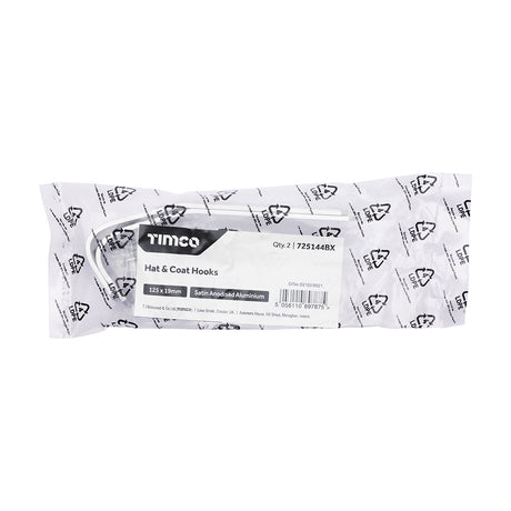 This is an image of Timco - Hat & Coat Hooks - Satin Anodised Aluminium 125 x 19 (2 Pieces Bag) 725144BX