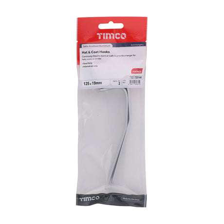 This is an image of Timco - Hat & Coat Hooks - Satin Anodised Aluminium 125 x 19 (2 Pieces TIMpac) 725144