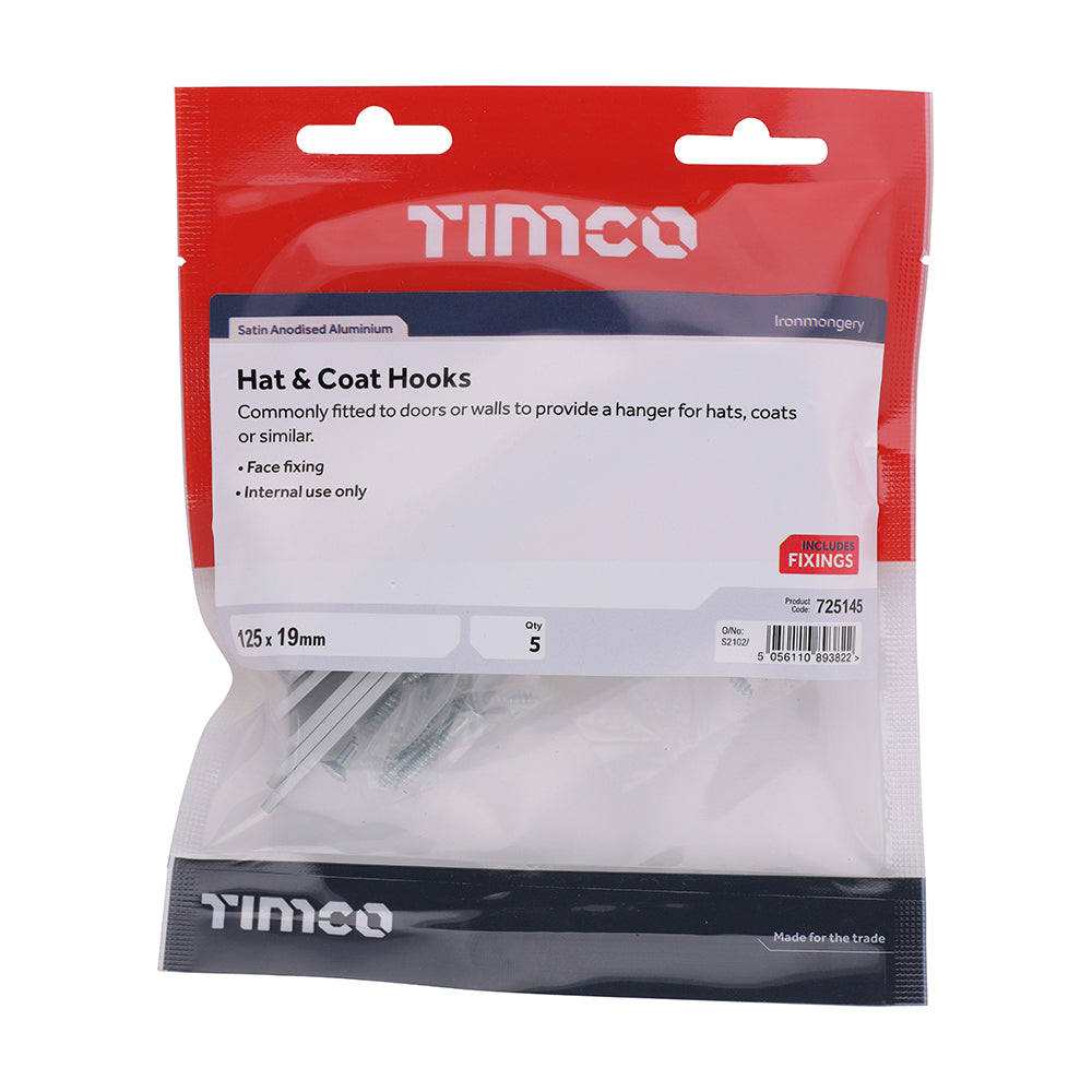 This is an image of Timco - Hat & Coat Hooks - Satin Anodised Aluminium 125 x 19 (5 Pieces TIMbag) 725145
