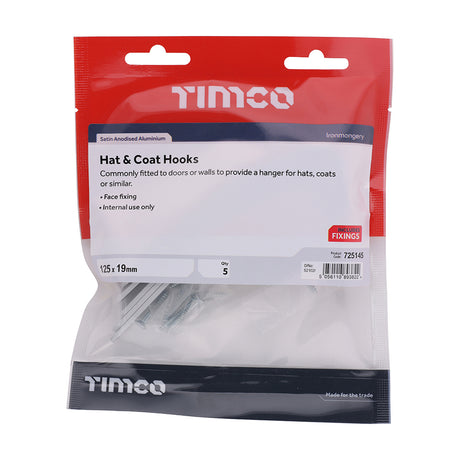 This is an image of Timco - Hat & Coat Hooks - Satin Anodised Aluminium 125 x 19 (5 Pieces TIMbag) 725145