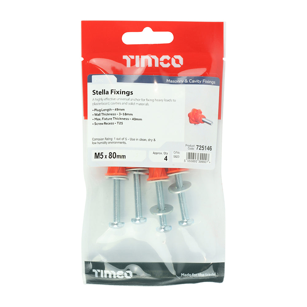 This is an image of Timco - Stella Fixings - TX - Pan - Red M5 x 80mm - (4 PCS TIMpac) 725146