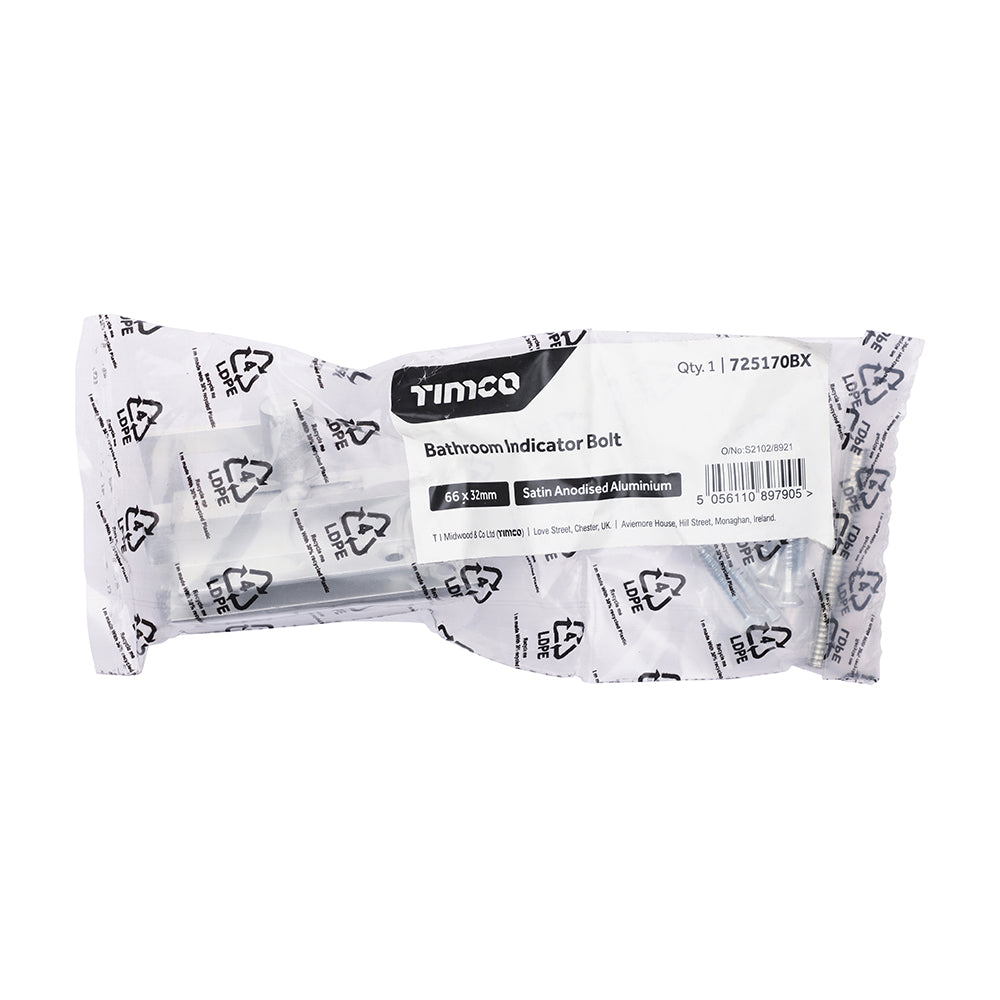 This is an image of Timco - Bathroom Indicator Bolt - Satin Anodised Aluminium 66 x 32 (1 Each Bag) 725170BX