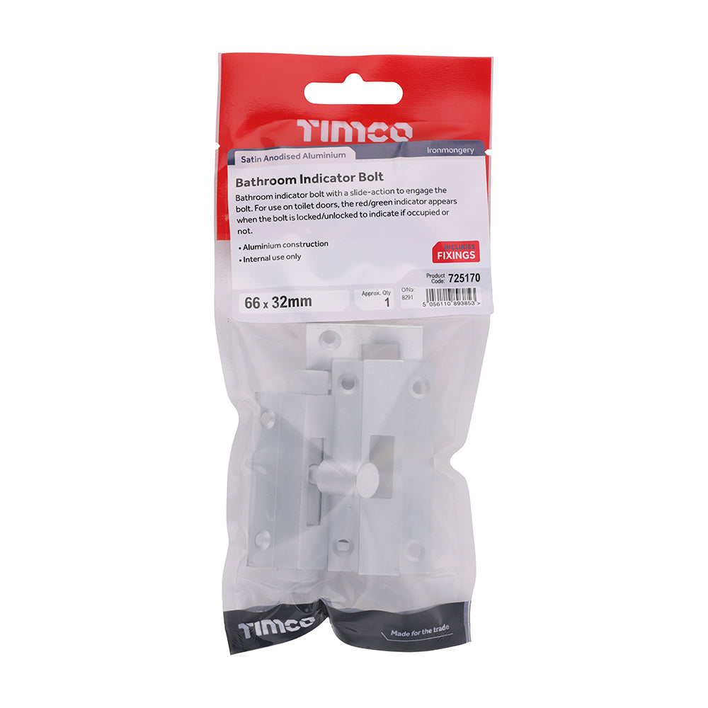 This is an image of Timco - Bathroom Indicator Bolt - Satin Anodised Aluminium 66 x 32 (1 Each TIMpac) 725170