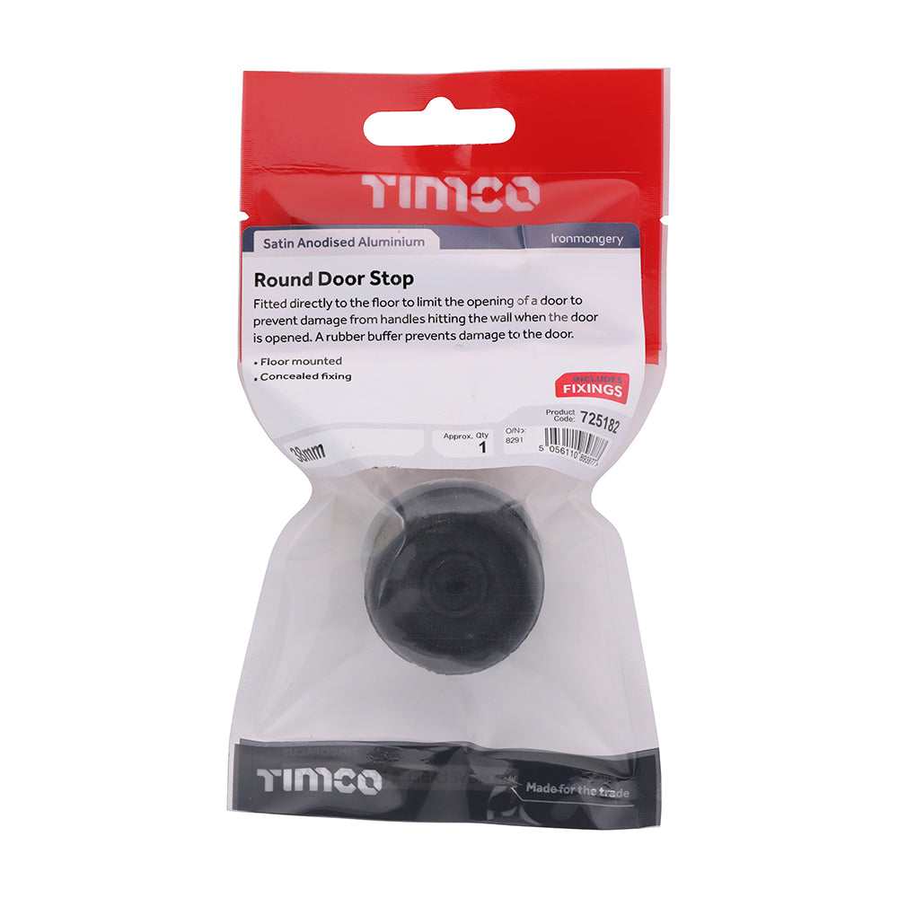 This is an image of Timco - Round Door Stop - Satin Anodised Aluminium 38mm (1 Each TIMpac) 725182
