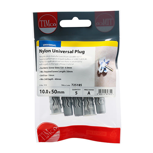 This is an image of Timco - Nylon Universal Plugs 10.0 x 50mm - (5 PCS TIMpac) 725185