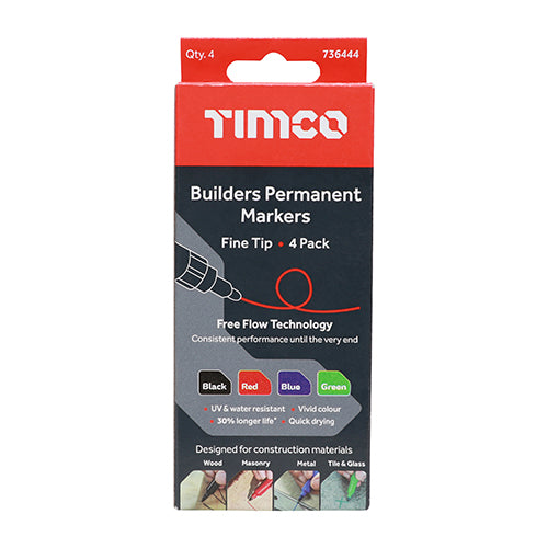 This is an image of Timco - Builders Permanent Markers - Fine Tip - Mixed Colours Fine Tip (4 Pieces Box) 736444