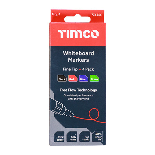 This is an image of Timco - Whiteboard Markers - Fine Tip - Mixed Colours Fine Tip Four Pack (4 Pieces Box) 736555