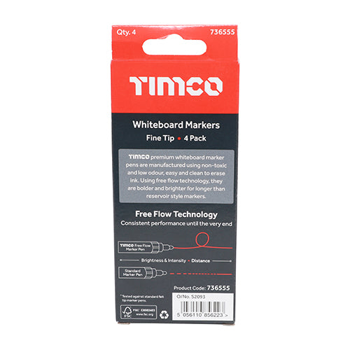 This is an image of Timco - Whiteboard Markers - Fine Tip - Mixed Colours Fine Tip Four Pack (4 Pieces Box) 736555