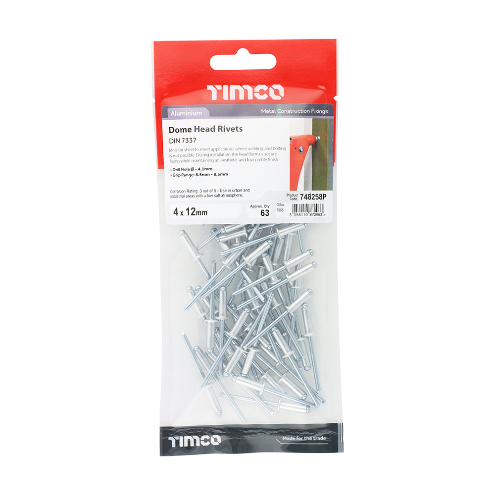This is an image of Timco - Rivets - Dome Head - Aluminium 4.0 x 12mm - (63 PCS TIMpac) 748258P