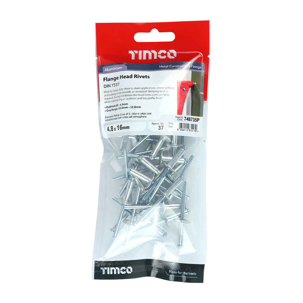 This is an image of Timco - Rivets - Flange Head - Aluminium 4.8 x 16mm - (37 PCS TIMpac) 748735P