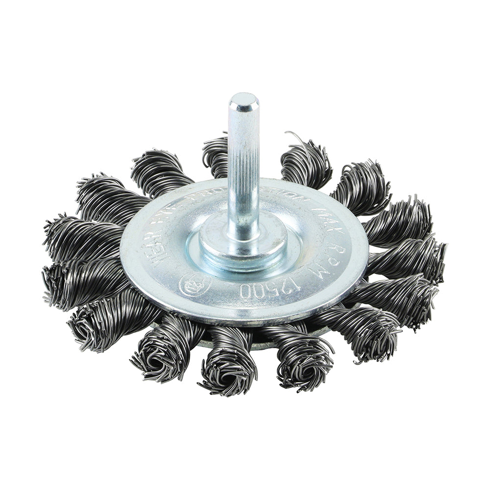 This is an image of Timco - Drill Wheel Brush - Twisted Knot Steel Wire 75mm (1 Each Blister Pack) 75SWT