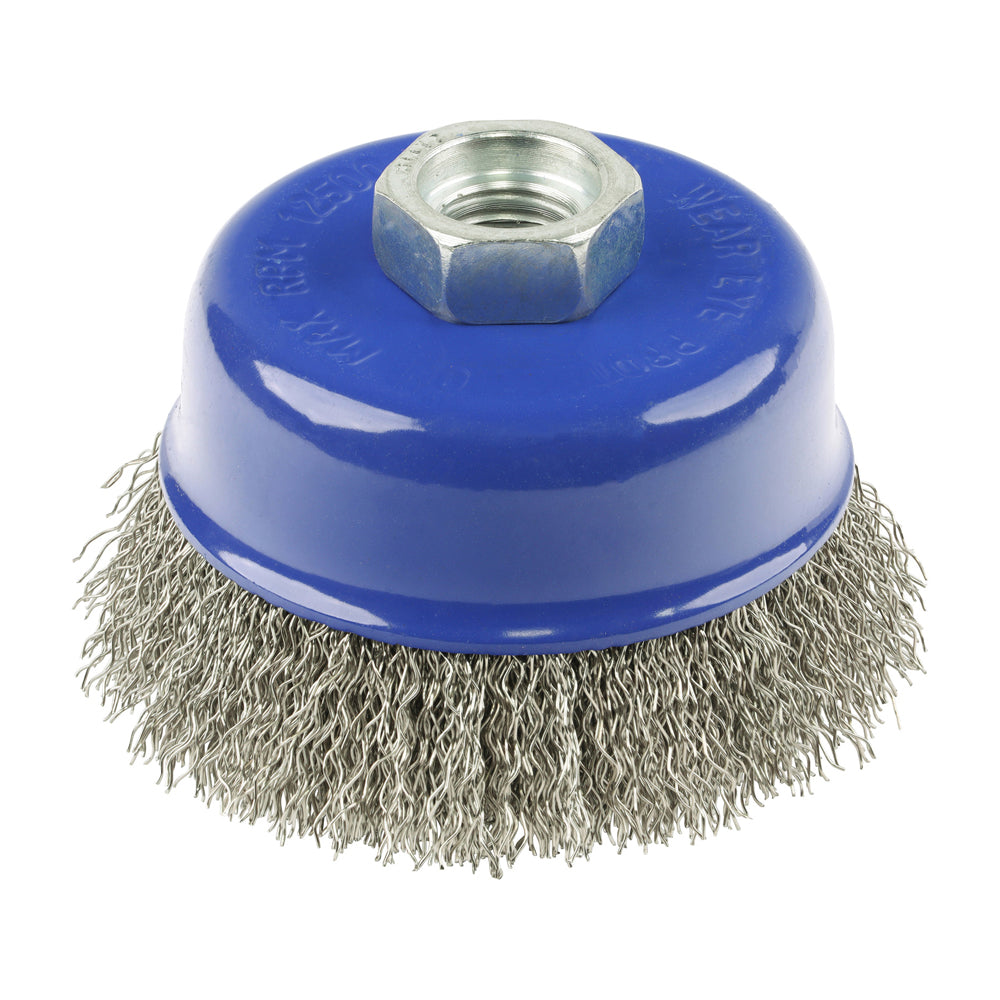 This is an image of Timco - Angle Grinder Cup Brush - Crimped Stainless Steel 75mm (1 Each Blister Pack) 75TCCSS