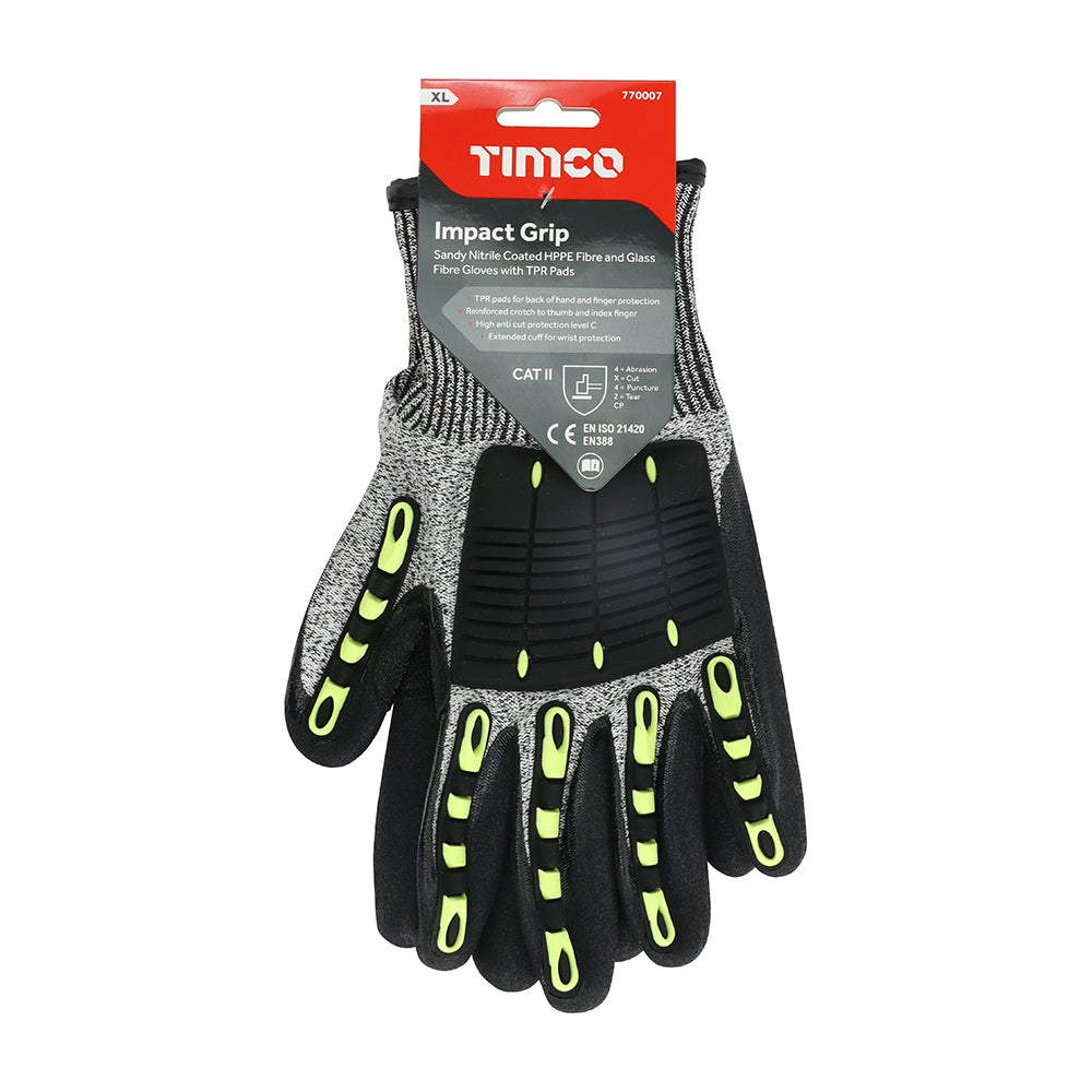 This is an image of Timco - Impact Cut Glove - Sandy Nitrile Coated HPPE Fibre and Glass Fibre Gloves with TPR Pads X Large (1 Pairs Backing Card) 770007