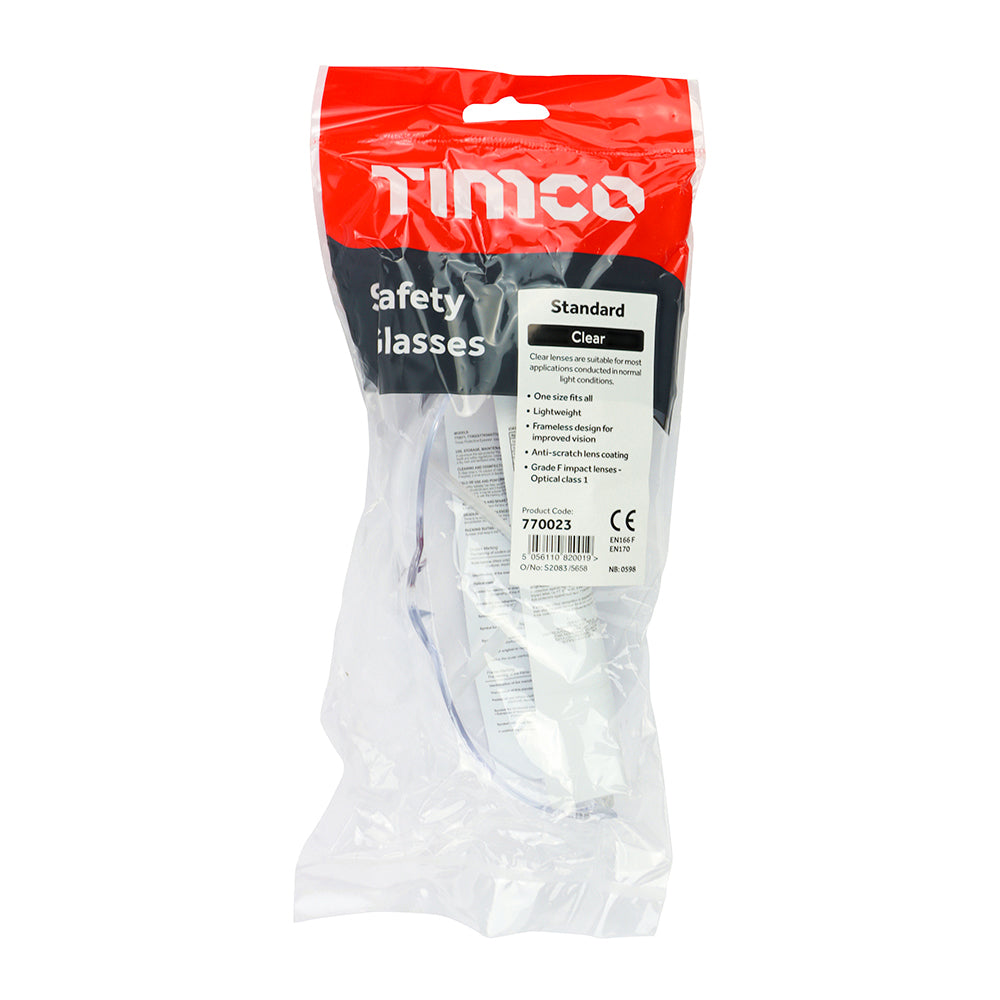 This is an image of Timco - Standard Safety Glasses - Clear One Size (1 Each Bag) 770023