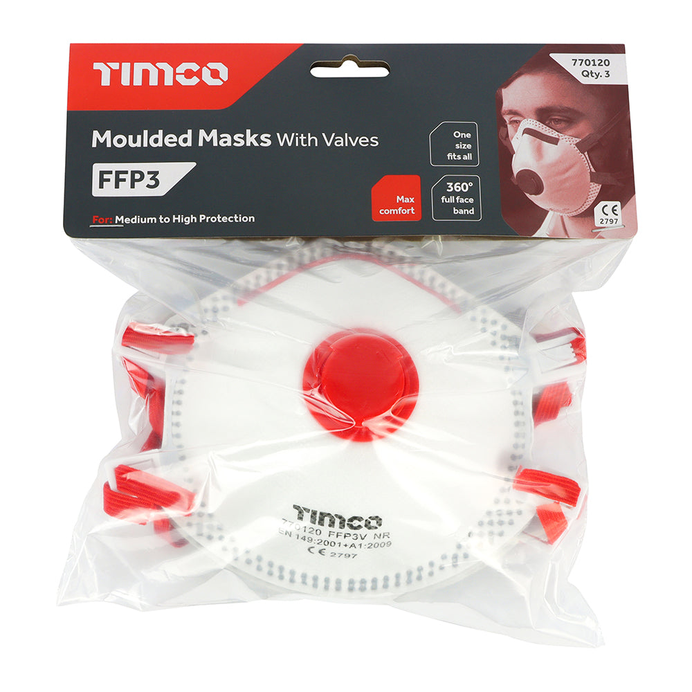 This is an image of Timco - FFP3 Moulded Masks with Valve One Size (3 Pieces Bag) 770120