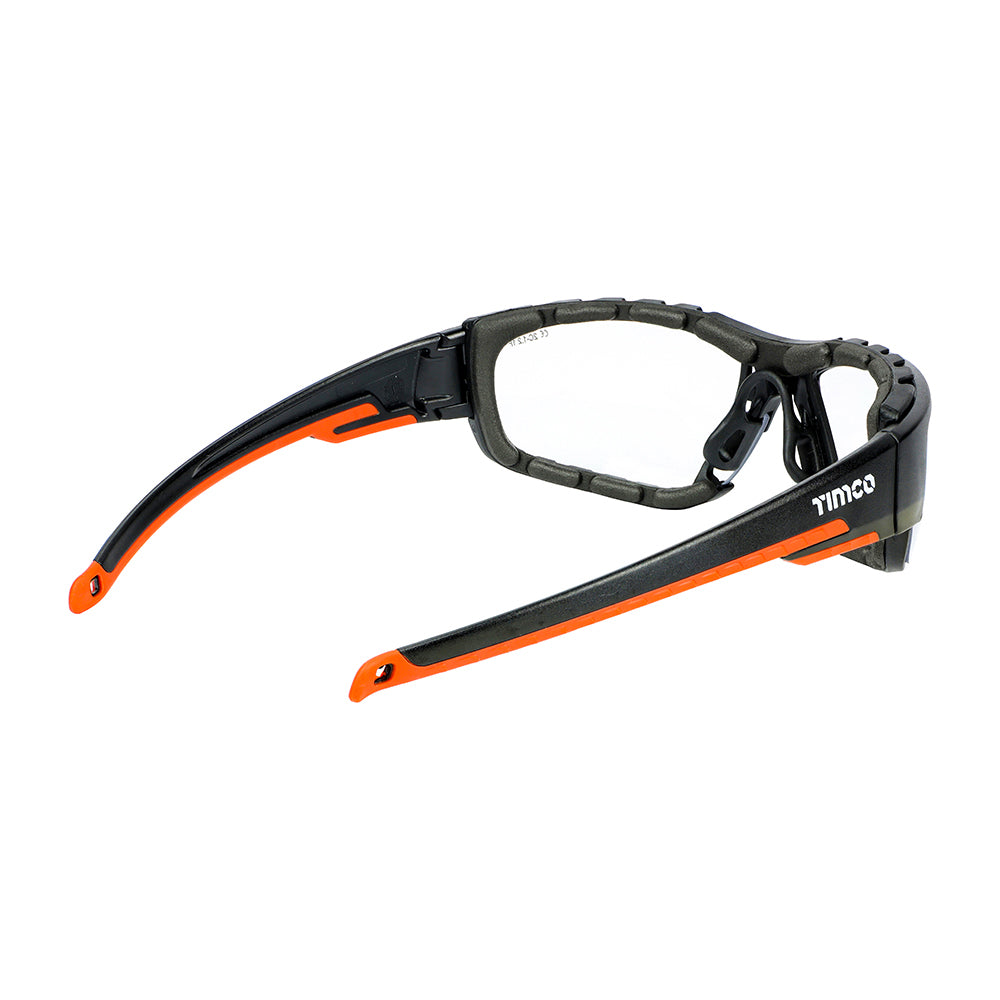 This is an image of Timco - Sports Style Safety Glasses - With Foam Dust Guard - Clear One Size (1 Each Box) 770123