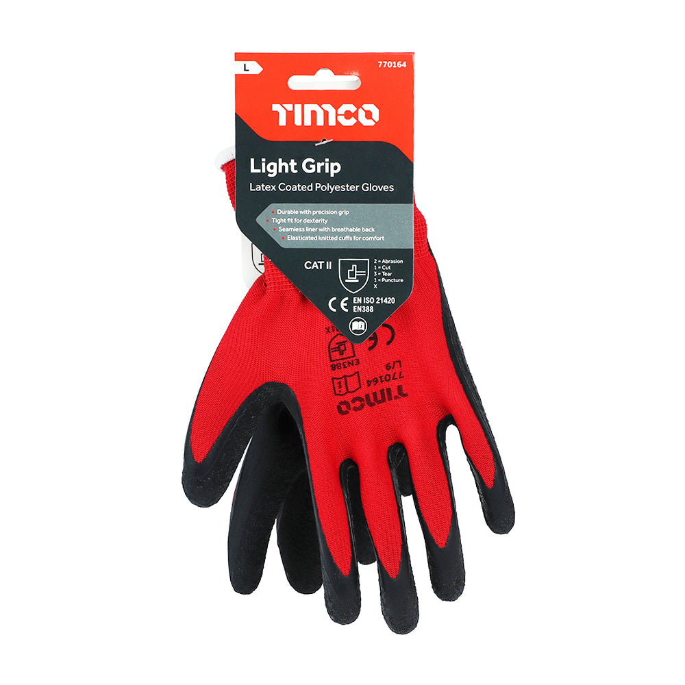 This is an image of Timco - Light Grip Gloves - Crinkle Latex Coated Polyester Large (1 Pairs Backing Card) 770164