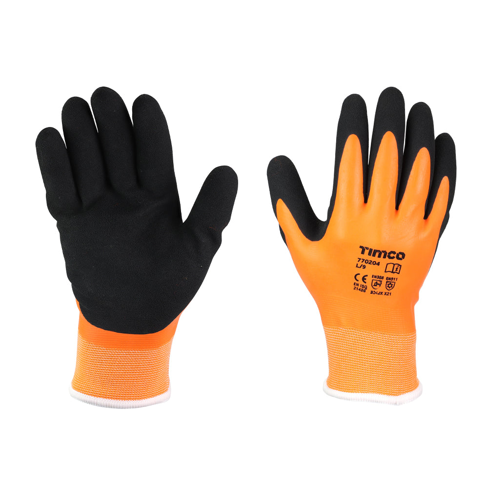 This is an image of Timco - Aqua Thermal Grip Glove - Sandy Latex Coated Polyester Large (1 Pairs Backing Card) 770204