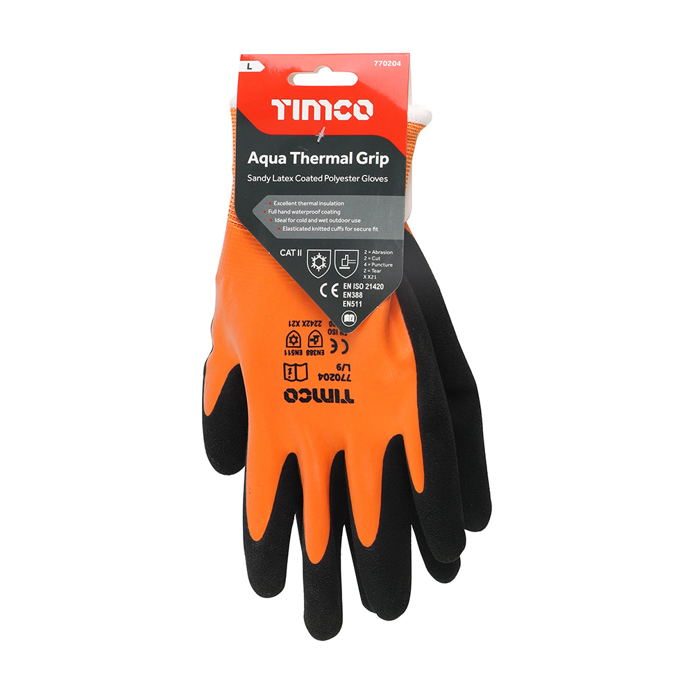 This is an image of Timco - Aqua Thermal Grip Glove - Sandy Latex Coated Polyester Large (1 Pairs Backing Card) 770204