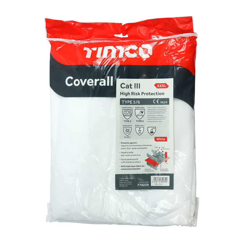 This is an image of Timco - Cat III Type 5/6 Coverall - High Risk Protection - White XXX Large (1 Each Bag) 770229