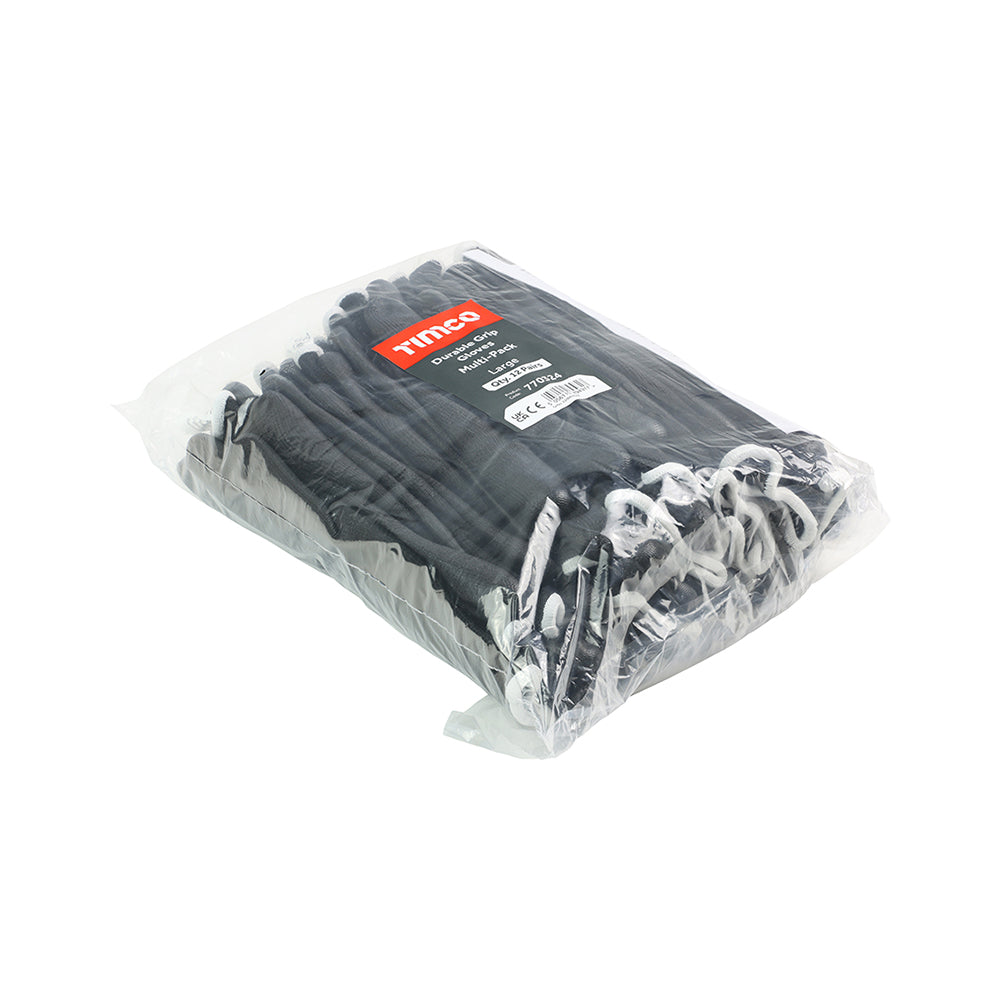 This is an image of Timco - Durable Grip Gloves - PU Coated Polyester - Multi Pack Large (12 Pairs Bag) 770324