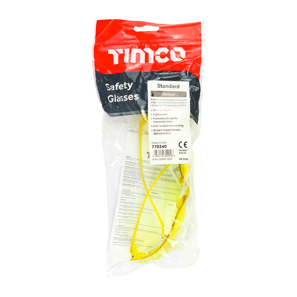 This is an image of Timco - Standard Safety Glasses - Amber One Size (1 Each Bag) 770340