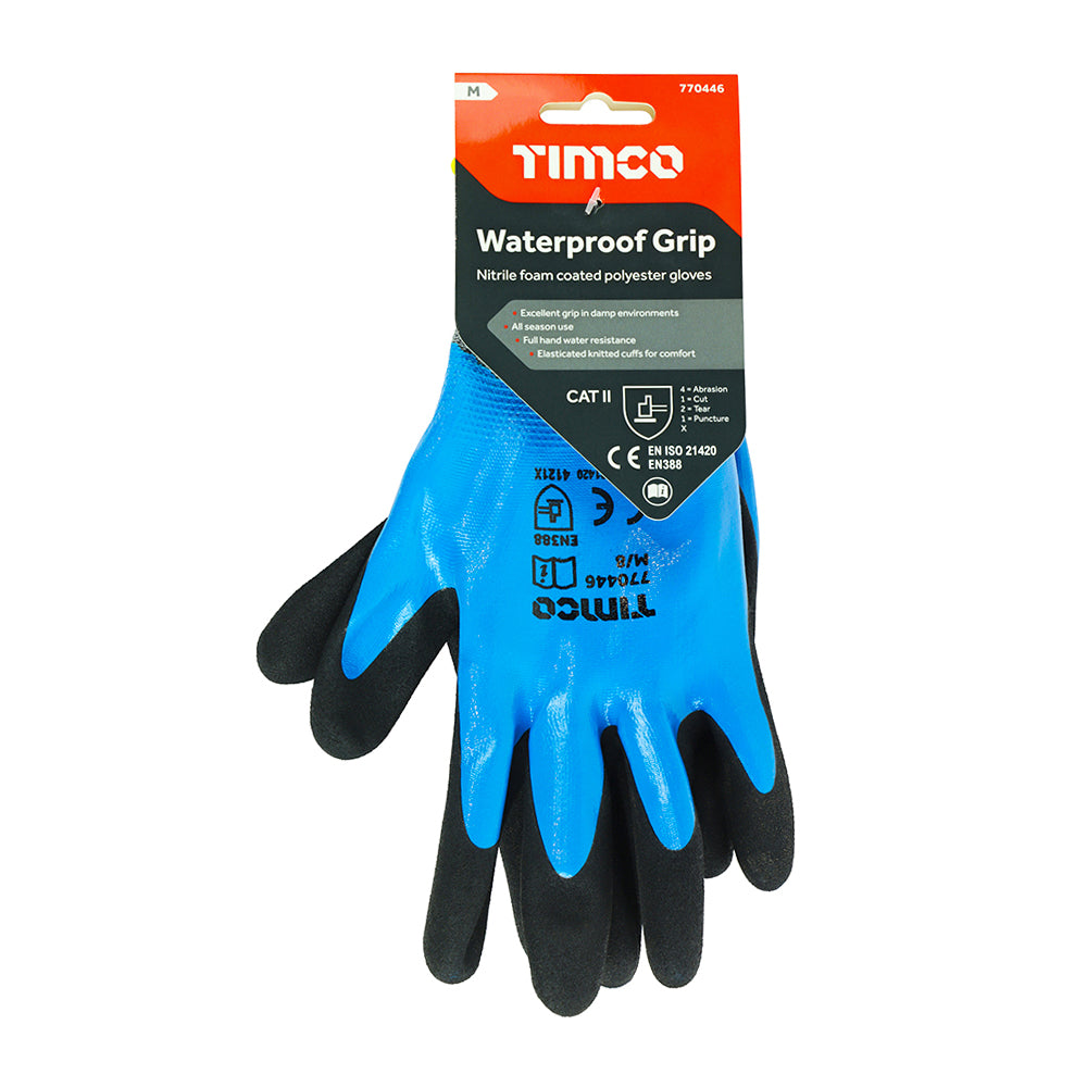 This is an image of Timco - Waterproof Grip Gloves - Sandy Nitrile Foam Coated Polyester Medium (1 Pairs Backing Card) 770446