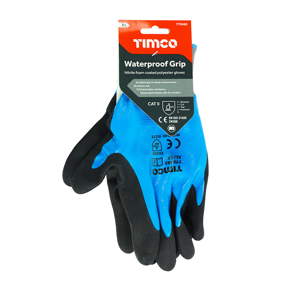 This is an image of Timco - Waterproof Grip Gloves - Sandy Nitrile Foam Coated Polyester X Large (1 Pairs Backing Card) 770485