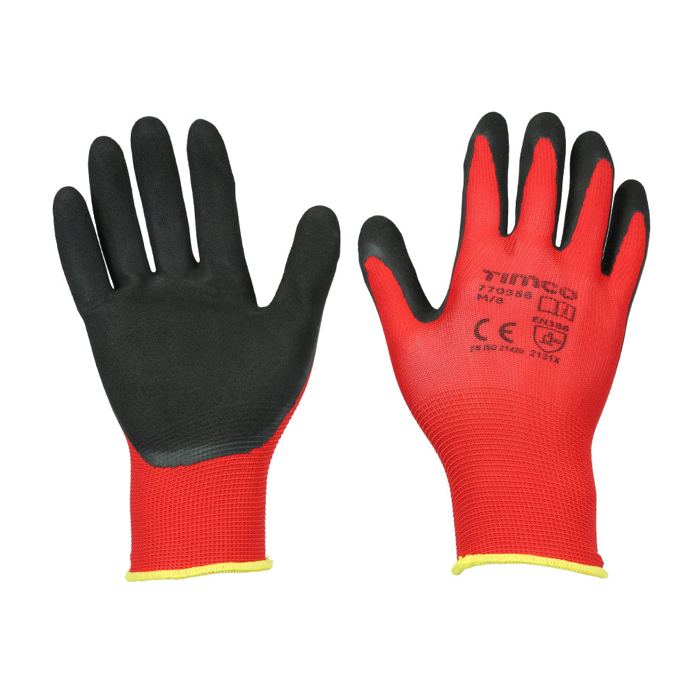This is an image of Timco - Toughlight Grip Gloves - Sandy Latex Coated Polyester Medium (1 Pairs Backing Card) 770558