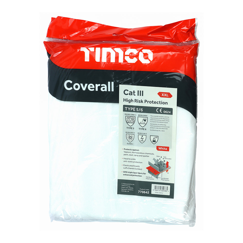 This is an image of Timco - Cat III Type 5/6 Coverall - High Risk Protection - White XX Large (1 Each Bag) 770642