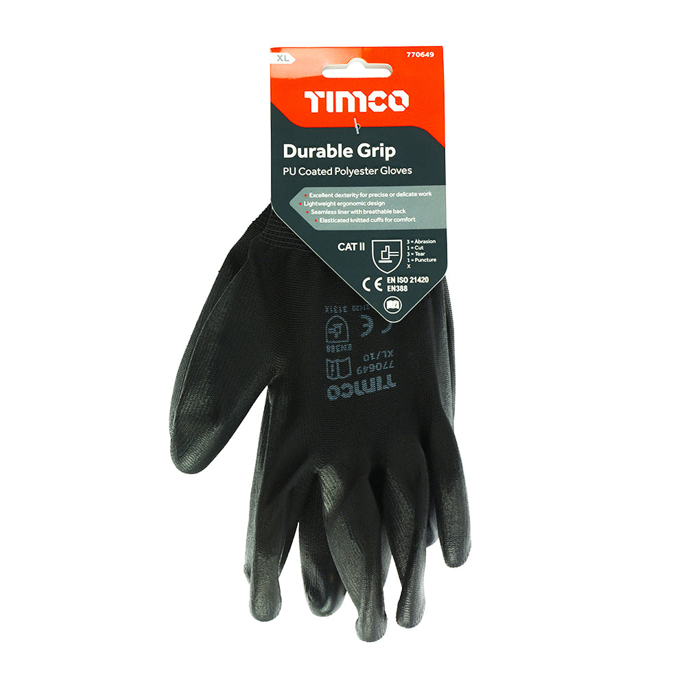 This is an image of Timco - Durable Grip Gloves - PU Coated Polyester X Large (1 Pairs Backing Card) 770649